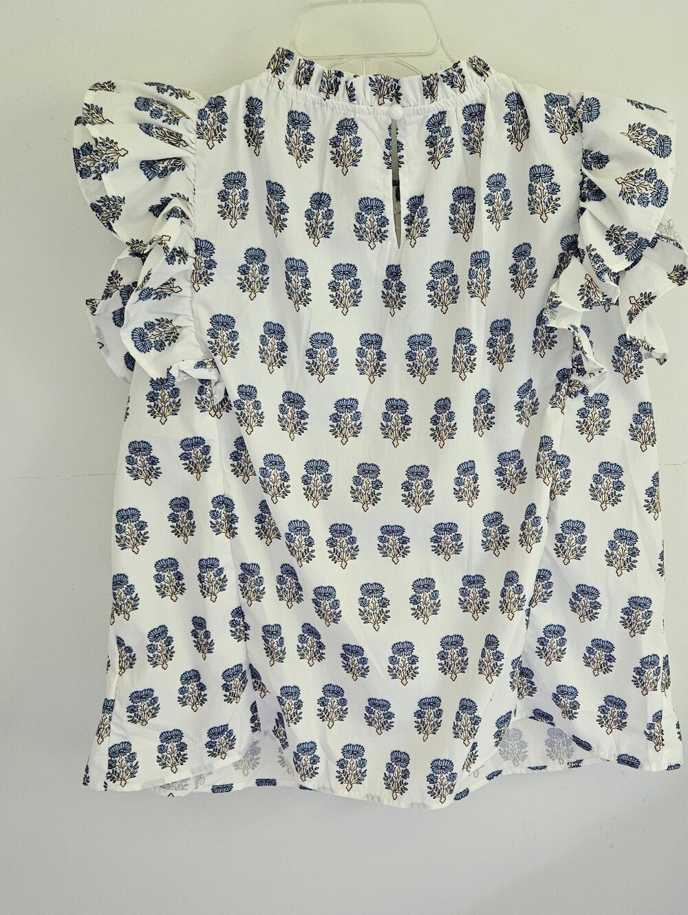 Floral Cluster Blouse Block Print Blue White Flutter Sleeves - Picture 3 of 7